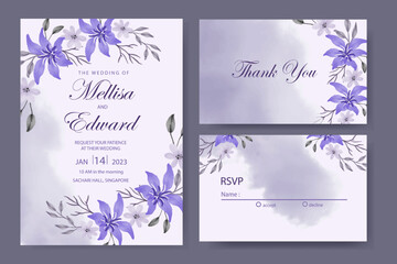 Fototapeta na wymiar a wedding invitation template with purple watercolor flower