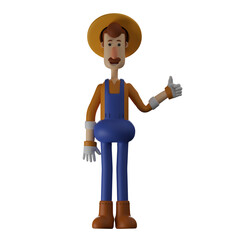  3D illustration. 3D Farmer character cartoon with okay finger. stand in an upright pose. showing a cute expression. 3D Cartoon Character