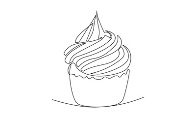 continuous line of sweet muffin cake. Delicious cupcake shop menu and restaurant badge concept