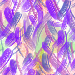 Seamless pattern of abstract elements in purple shades on a green background for textile.