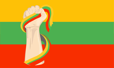 Illustration vector graphic of Lithuania independence day with hand holding the Lithuania flag. Perfect for independence day celebrations. Banner design  - obrazy, fototapety, plakaty
