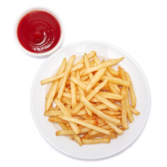 French fries potatoes on white ceramic plate isolated on white background