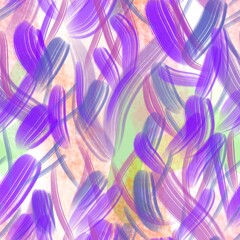Seamless pattern of abstract elements in purple shades on a green background for textile.