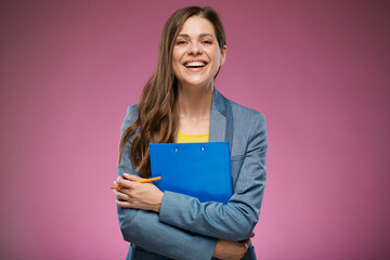 Accountant business woman with clipboard, tablet. Isolated advertising portrait on pink back.