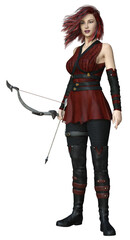 3D Rendered young woman with short red hair and bow and arrow wearing a red and black leather outfit - 3D Illustration