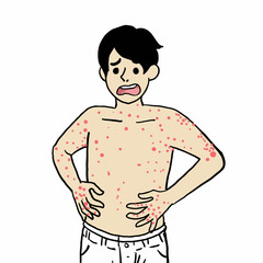 Fototapeta premium cartoon man bitten by mosquitoes all over his body
