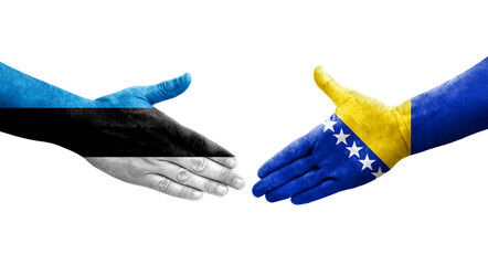 Handshake between Bosnia and Estonia flags painted on hands, isolated transparent image.