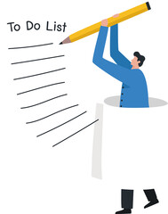 Long to do list. Overwhelmed work and responsibility or performance and effectiveness management. Businessman holding a big pencil thinking about writing a to-do list on paper.