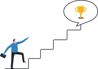 Motivation to drive success from business. achievement. or reward encourages employees to develop and succeed. Businessman running on the stairs to catch the winner trophy.