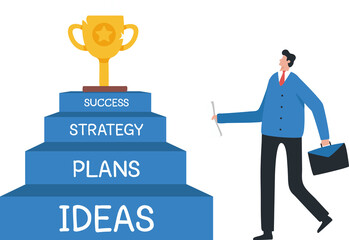 Business strategy planning. ladder to success. Steps to achieve big goal. Businessmen and rewards await above the steps.