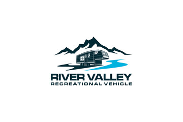 Recreational Vehicle logo design holiday journey traveler river lake scene car trailer