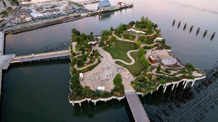 Aerial of the Little Island public park in New York City on the Hudson river - obrazy, fototapety, plakaty