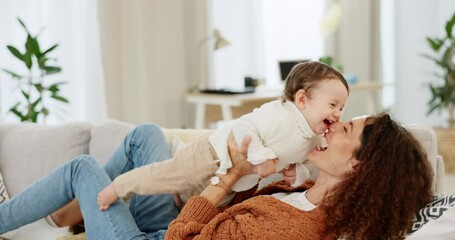 Mother, baby love and playing airplane fly in air bonding activity together in living room. Happy new mom, excited laughing child and fun yoga exercise game spend quality tiem on sofa at family home - Powered by Adobe