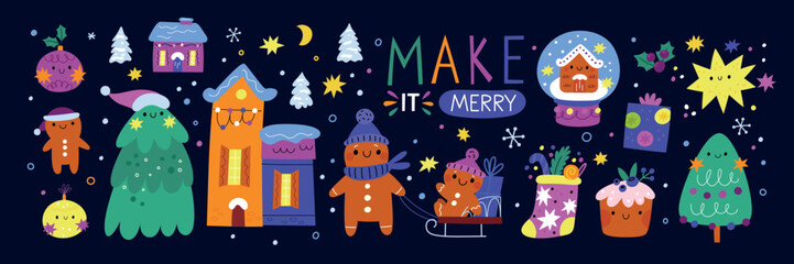 Christmas vector cartoon flat illustration. Winter holidays collection with cute Christmas characters: Gingerbread man, tree, gifts, house, cake, stars, snowflakes Traditional New Year design elements