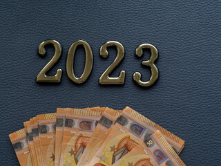 Set of European Union money with a face value of 50 euros. Background of the fifty euros banknotes and 2023 with copy space. Enterprise capital investment, finance, savings, bank and New Year concept