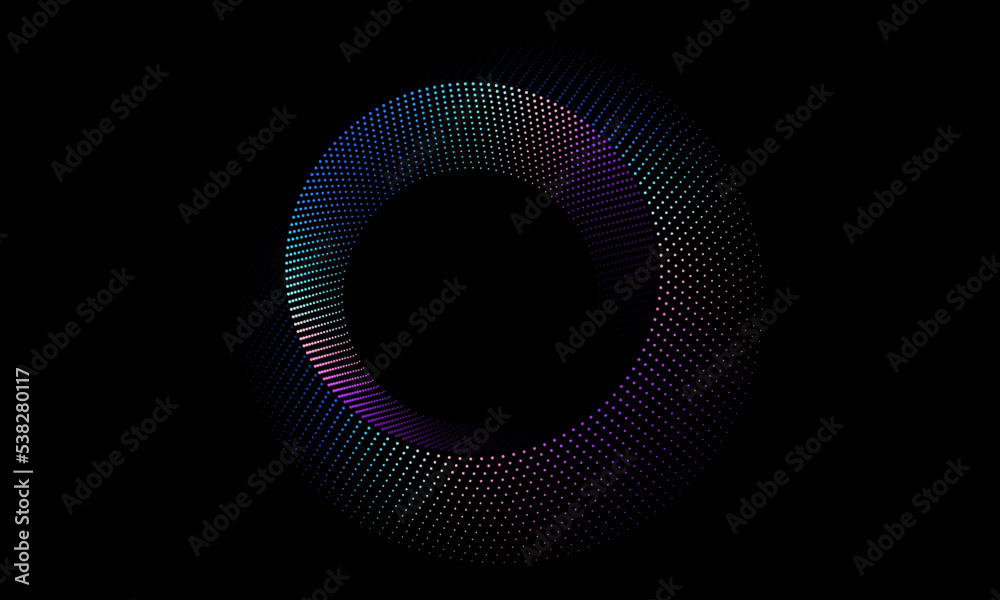 Poster abstract circles dot line pattern round frame colorful spectrum light blue green gradient isolated on black background. Vector illustration in concept digital, technology, modern, science.
