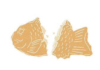 半分に割ったカスタード入りのたい焼きのイラスト（版画風）