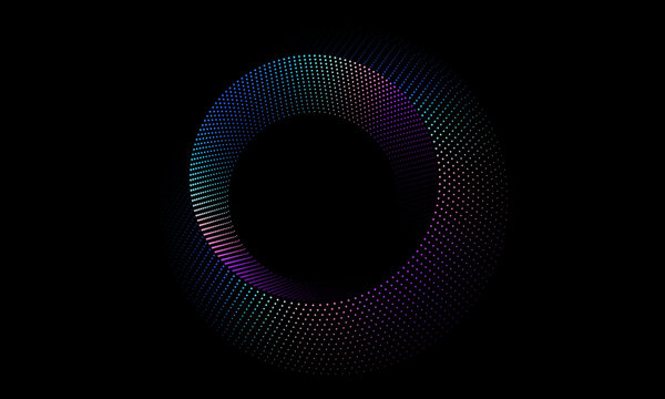 abstract circles dot line pattern round frame colorful spectrum light blue green gradient isolated on black background. Vector illustration in concept digital, technology, modern, science.