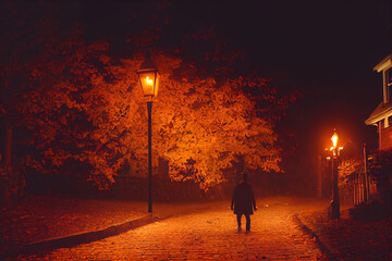 An autumn night scene digital illustration.