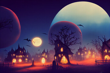 halloween night landscape with moon.
