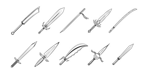 Set Abstract Collection Black Simple Line Metal Sword Blade Weapon Doodle Outline Element Vector Design Style Sketch Isolated On White Background Illustration For War, Battle