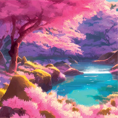 vector illustration. artistic picture Japan volcanic mountains. Asian scenic wallpaper with cherry trees Mount Fuji background. Extremely beautiful pink trees with volumetric light in anime style. 