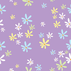 Fototapeta na wymiar Cute, trendy, lilac lavender background seamless floral print pattern with colorful ditsy doodle daisy