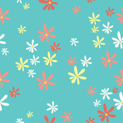 Cute blue base background seamless floral print pattern with colorful ditsy doodle daisy