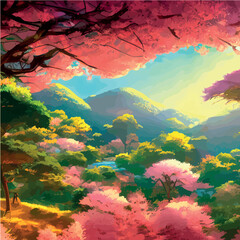 Obraz na płótnie Canvas vector illustration. artistic picture Japan volcanic mountains. Asian scenic wallpaper with cherry trees Mount Fuji background. Extremely beautiful pink trees with volumetric light in anime style. 