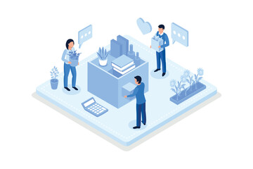 Obraz na płótnie Canvas Donation, Volunteers collecting food and clothes in donation box, isometric vector modern illustration