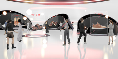 Metaverse Avatar online store with legs podium showcases in Metaverse and The Sandbox 3D illustrations