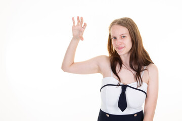 Beautiful cute woman presents a virtual card blank with empty fingers next to copy space on white background