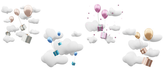 balloons and gift boxes floating in the blue sky on a cloudy day new year card birthday card set included 3d illustration isolated on a white background with clipping path