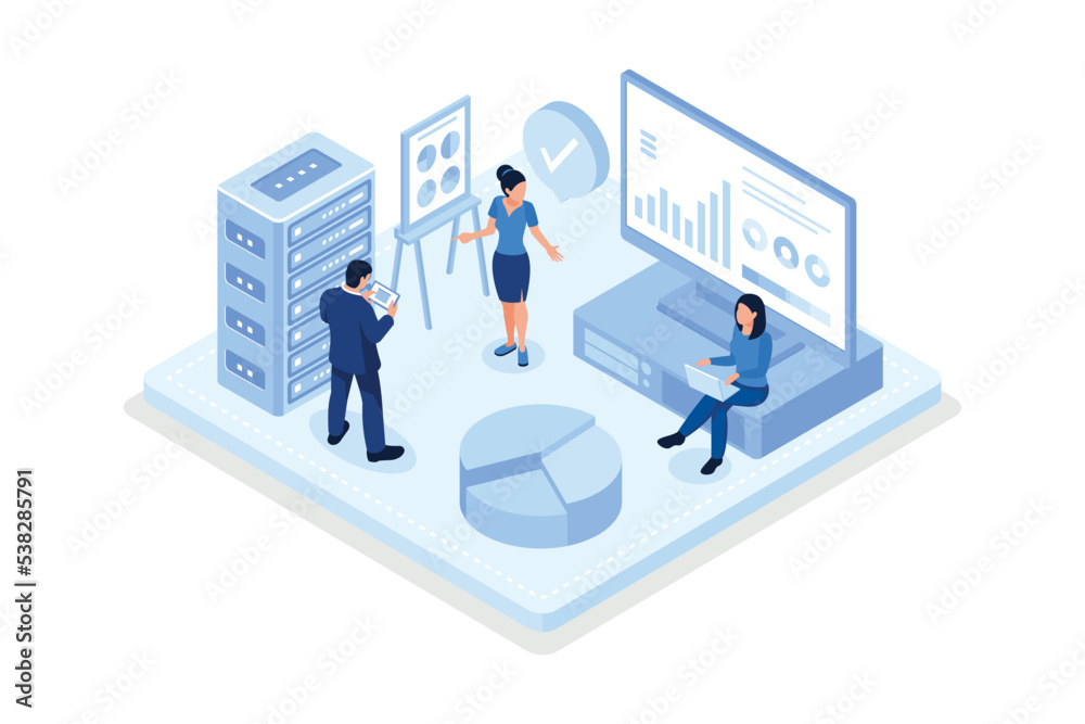 Poster business characters using remote servers to analyzing large sets of data and recognizing mistakes, i