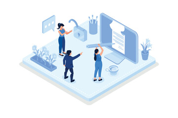 Contracts, Characters signing electronic contract or agreement online, isometric vector modern illustration