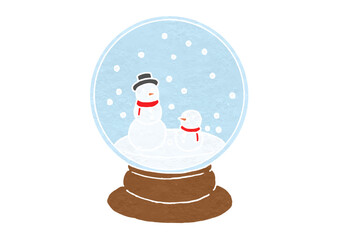 雪だるまの球体スノードームのイラスト（版画風）