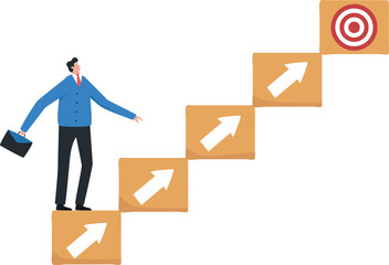 Set goals for success. Aim or motivation for business growth and success. Stairway to the goal. Businessman standing on the stairs to the destination.
