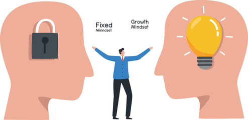 Comparison between fixed mindset vs growth mindset. learning, proving competence and success. Young man stood in the middle of two thoughts.