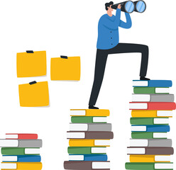 Academic Achievement. Achieving educational or Reinforcing educational goals. Setting goals in learning. young man or student on books stack for success.