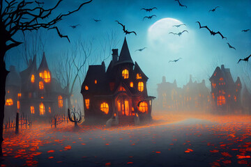 house with bats, Halloween horror background 