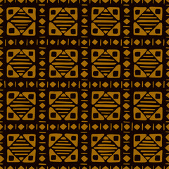 brown geometric shapes at black repetitive background. hand drawn stripes squares triangles. vector seamless pattern. fabric swatch. wrapping paper. design template for textile, linen, home decor
