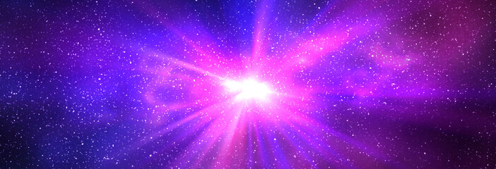 Burst of light in space. Night starry sky and bright purple blue galaxy, horizontal background banner