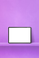 Digital tablet pc on purple wall shelf. Vertical background banner