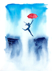 A girl with red umbrella jumps over the abyss. Hand drawn watercolors on paper texture. Raster