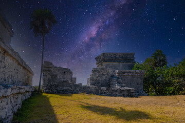 The castle, Mayan Ruins in Tulum, Riviera Maya, Yucatan, Caribbean Sea Mexico with Milky Way Galaxy stars night sky