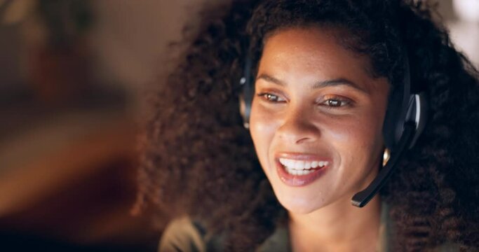 Black woman, customer support service with a smile and employee at online call center or virtual telemarketing business. Crm consultant at work, helping a faq caller and respond to contact us message