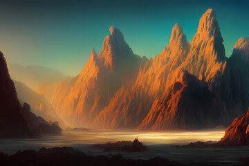 Sunset over The Mountains Fantasy Fiction Natural Backdrop Concept Art Realistic Illustration Video Game Digital CG Artwork. Natural Scenery