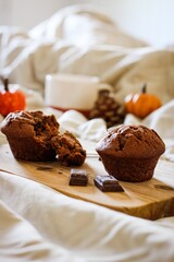 Muffins chocolat et myrtille en décor d'automne