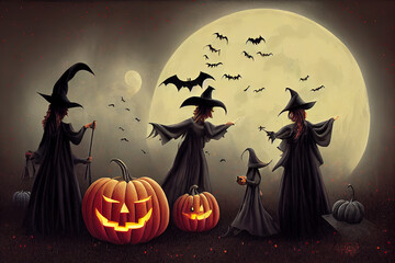 Halloween Witches And Pumpkins Night