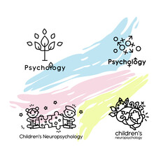 Set of vector logos of psychology. Letter psi. Tree with leaves on a colored background. Brain, thoughts, psychology, psychiatry. Children's neuropsychology. Features of development. Personality.